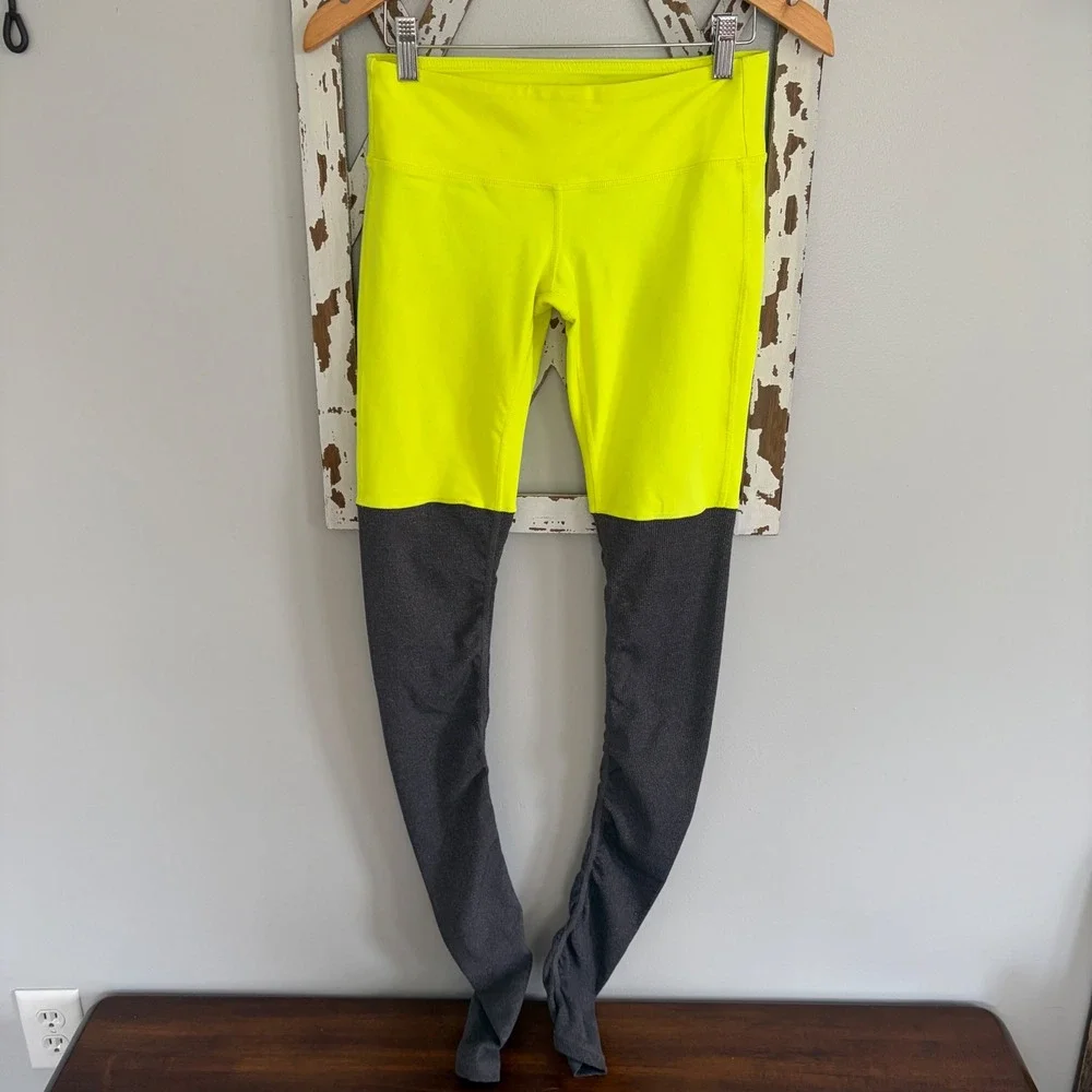 Alo Yoga Goddess Ribbed Leggings neon yellow and gray